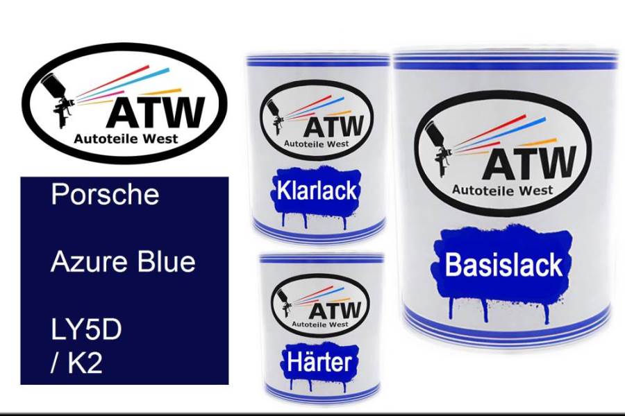 Porsche, Azure Blue, LY5D / K2: 1L Lackdose + 1L Klarlack + 500ml Härter - Set, von ATW Autoteile West.